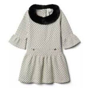 NWT Janie and Jack Metallic Weave Faux Fur Collar Dress, Cream/Black, Size 12